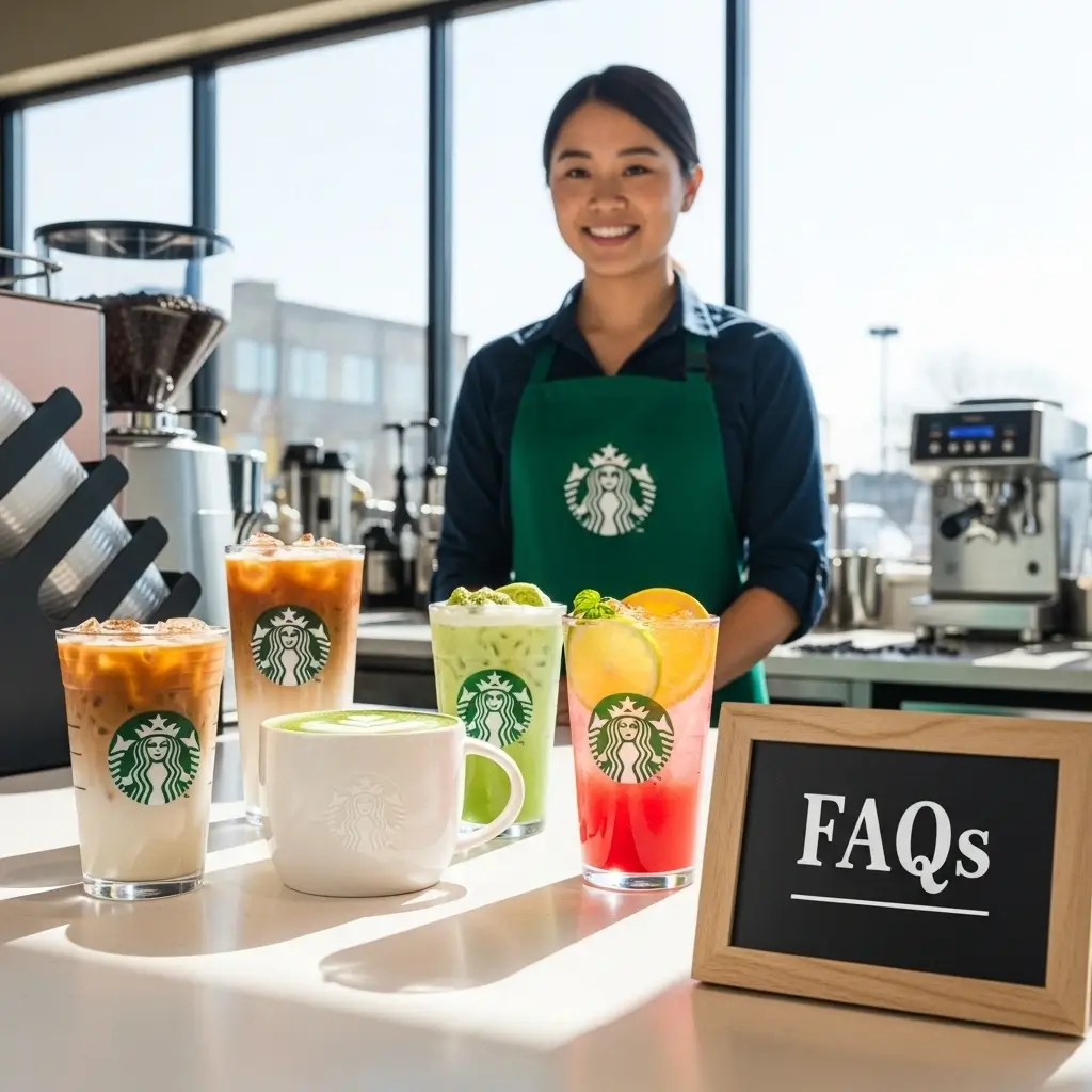 Barista with healthy Starbucks drinks lineup and small chalkboard sign reading FAQs.