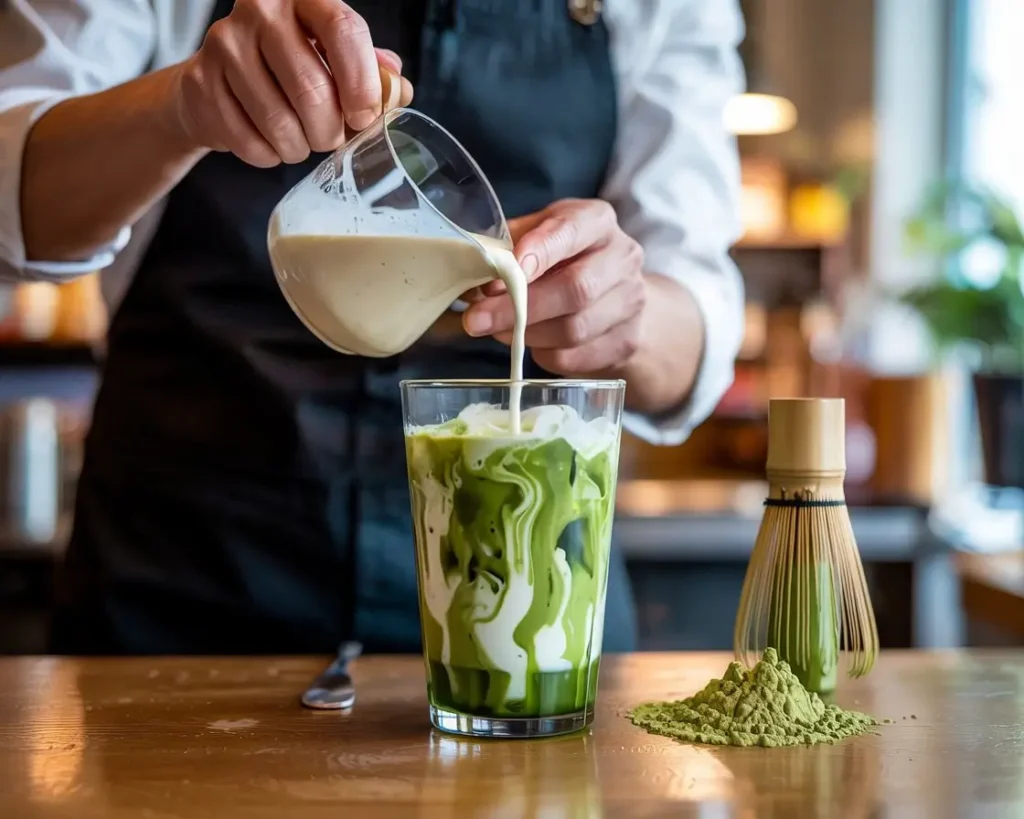 A close-up of a barista’s hands pouring creamy oat milk over vibrant green matcha in a clear Starbucks-style cup filled with ice, creating a beautiful swirl effect, fresh matcha powder and a whisk on the counter, bright natural light enhancing the colors, ultra-realistic and crisp.