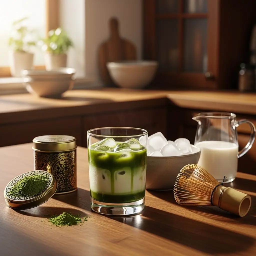 **Prompt:**
A cozy kitchen scene with a clear glass of iced matcha latte on a wooden counter, surrounded by matcha powder, a bamboo whisk, a small jug of oat milk, and ice cubes in a bowl, soft morning sunlight streaming in, ultra-realistic and inviting.**Alt text:**
Homemade iced matcha latte on wooden counter with matcha powder, whisk, oat milk, and ice cubes.**Title:**
Why Make Your Own Iced Matcha Latte at Home?**Caption:**
Discover the benefits of crafting your own iced matcha latte from scratch.**Description:**
Ultra-realistic image showing a homemade iced matcha latte with fresh ingredients and natural light, emphasizing the freshness, customization, and comfort of making this drink at home.