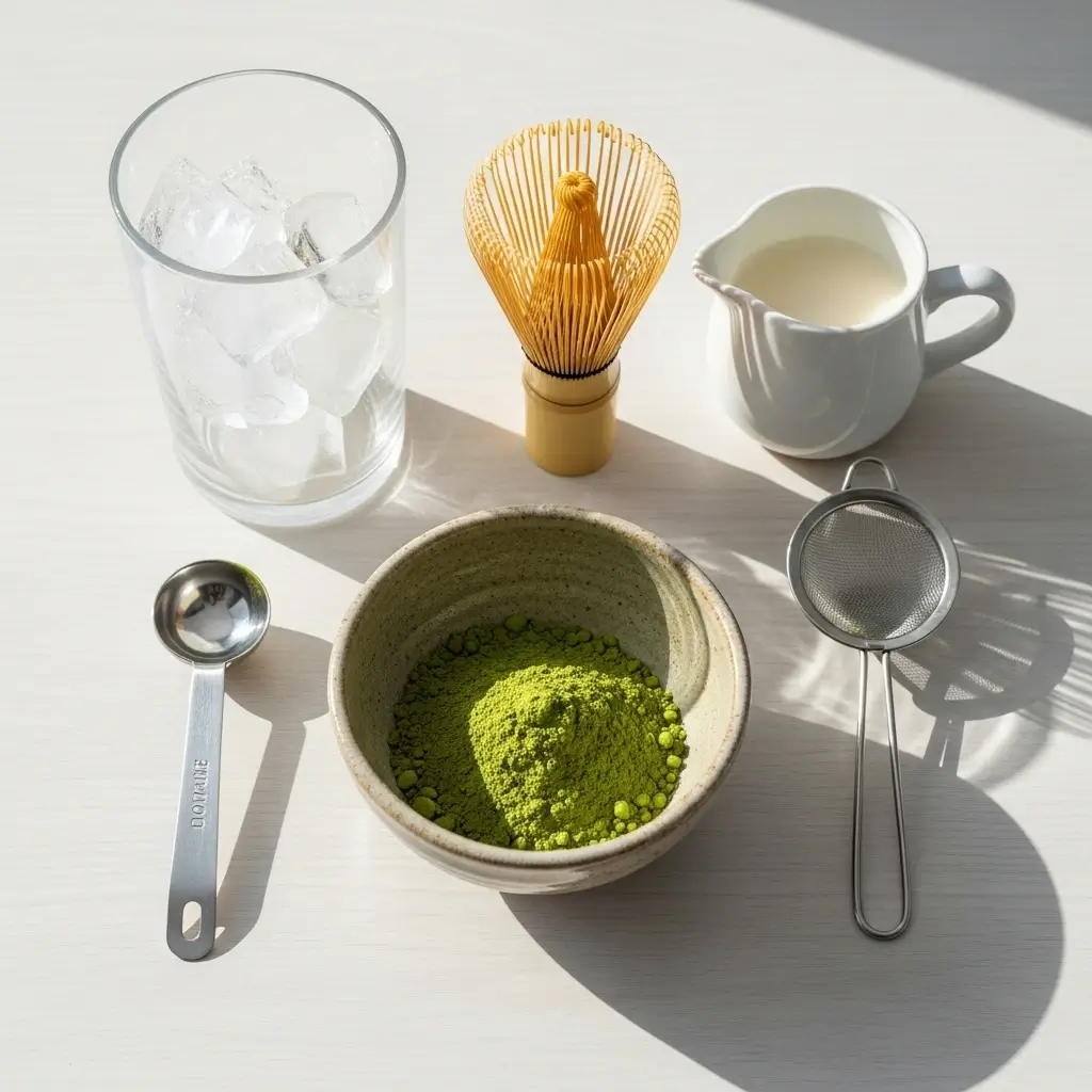 Flat lay of matcha powder, whisk, oat milk, ice, measuring spoon, and glass for iced matcha latte.