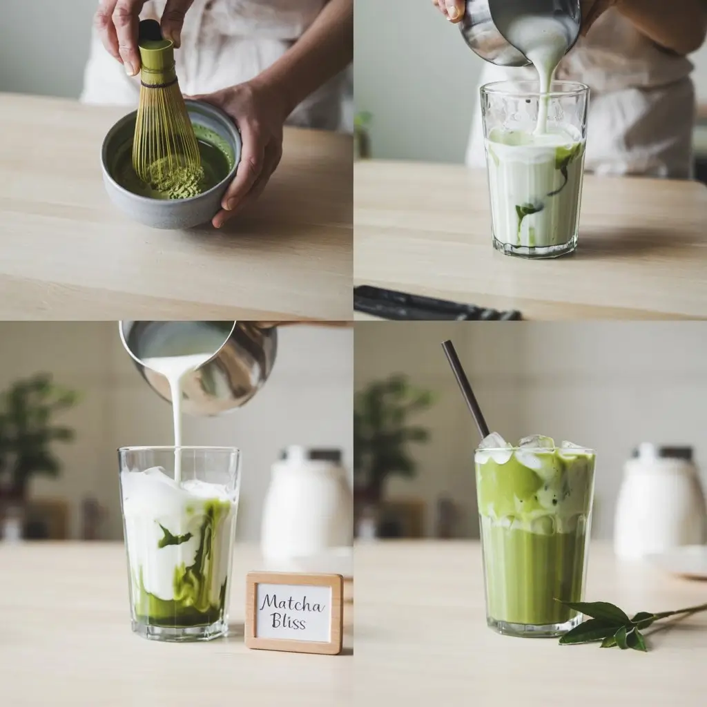 Three-step process of making iced matcha latte: whisking matcha, pouring milk over ice, and final drink.