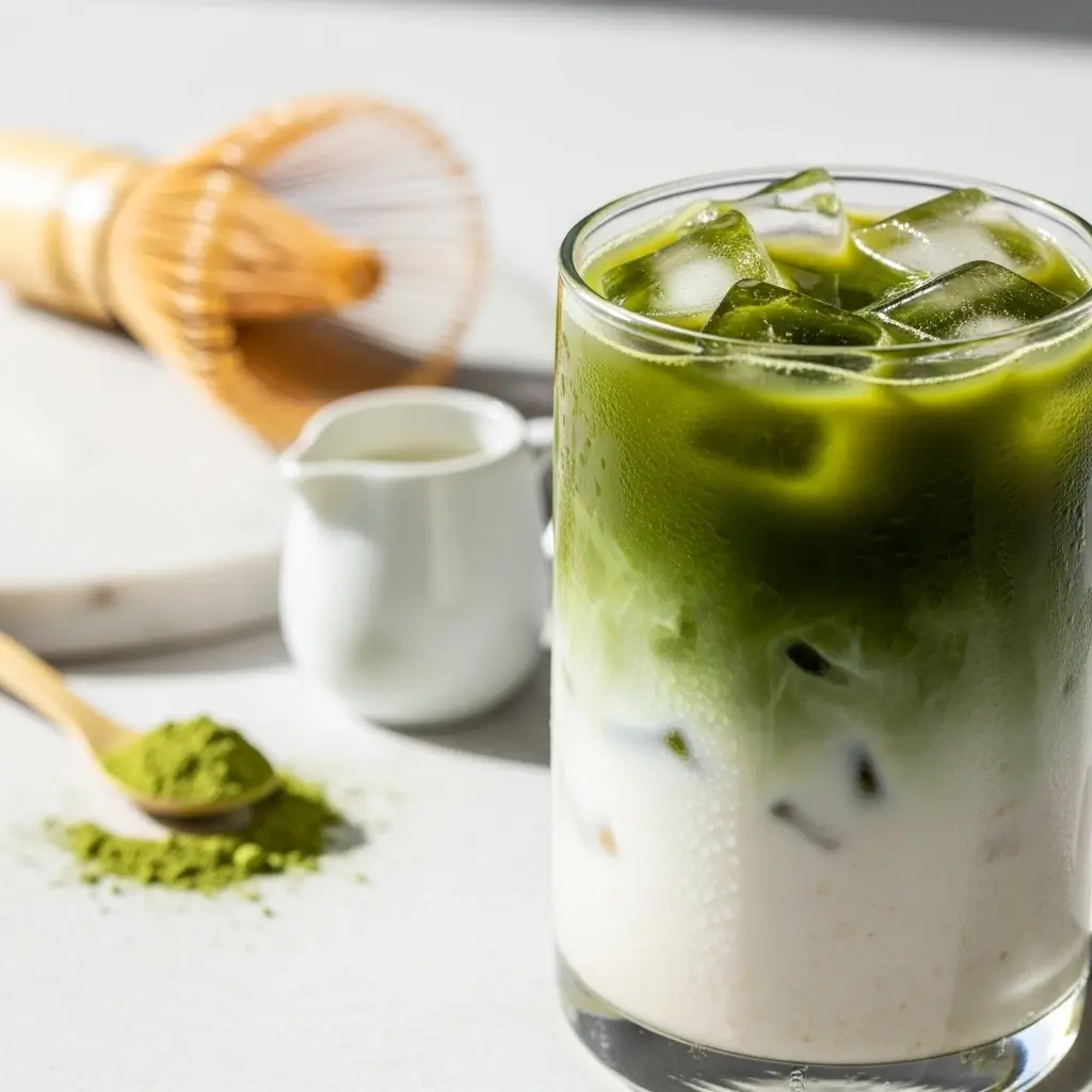 Perfectly layered iced matcha latte with matcha powder, whisk, and milk in background.