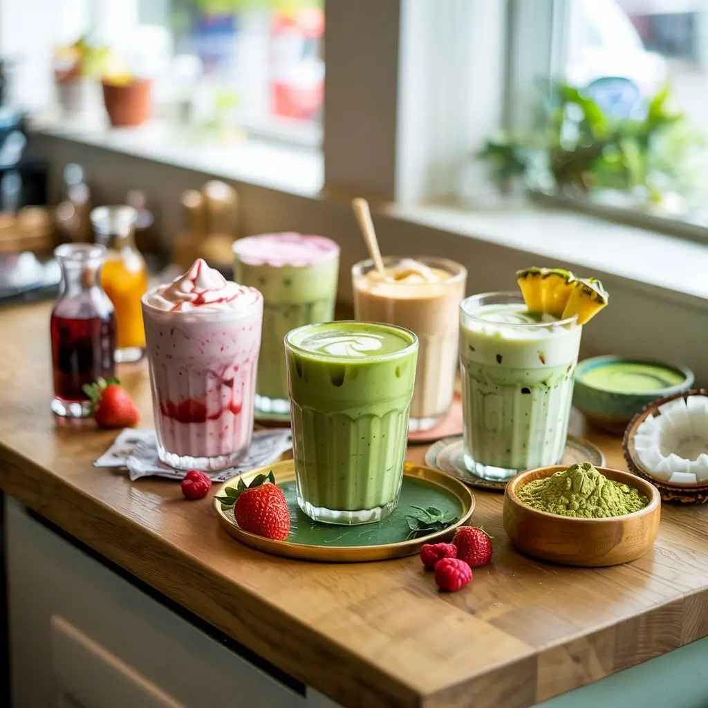 Different iced matcha latte variations with fruit, syrups, and matcha powder on wooden counter.