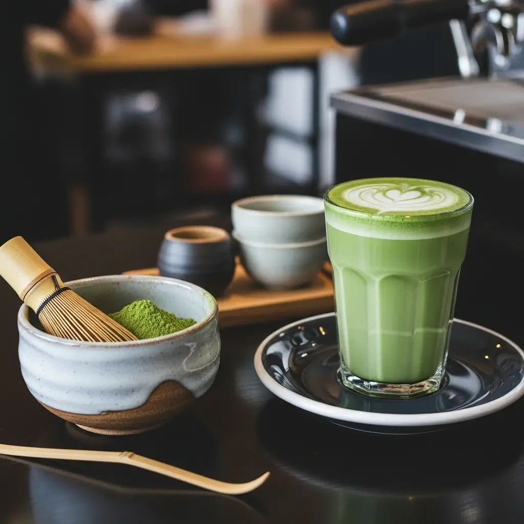 Barista presenting iced matcha latte with small FAQ question notes and matcha tools nearby.