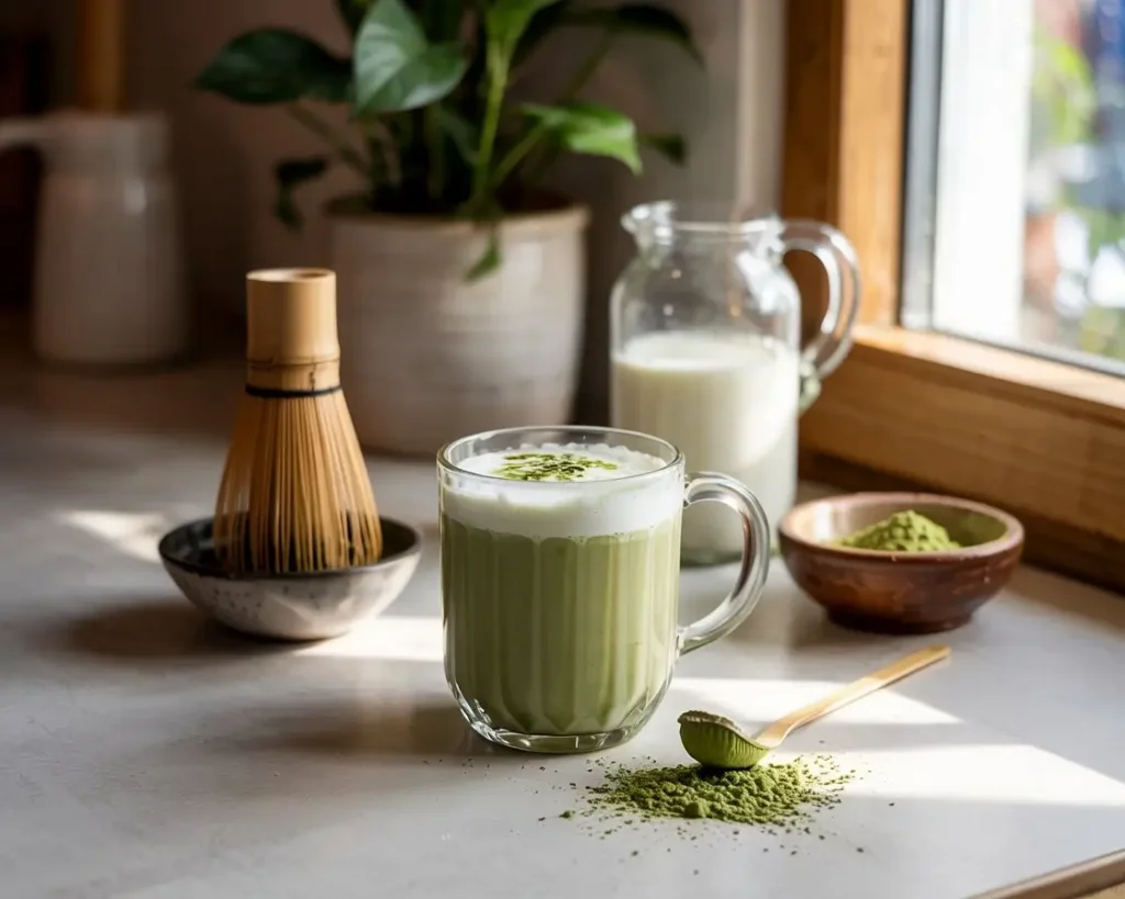 Homemade matcha latte in clear mug with milk foam, matcha powder, whisk, and oat milk nearby.