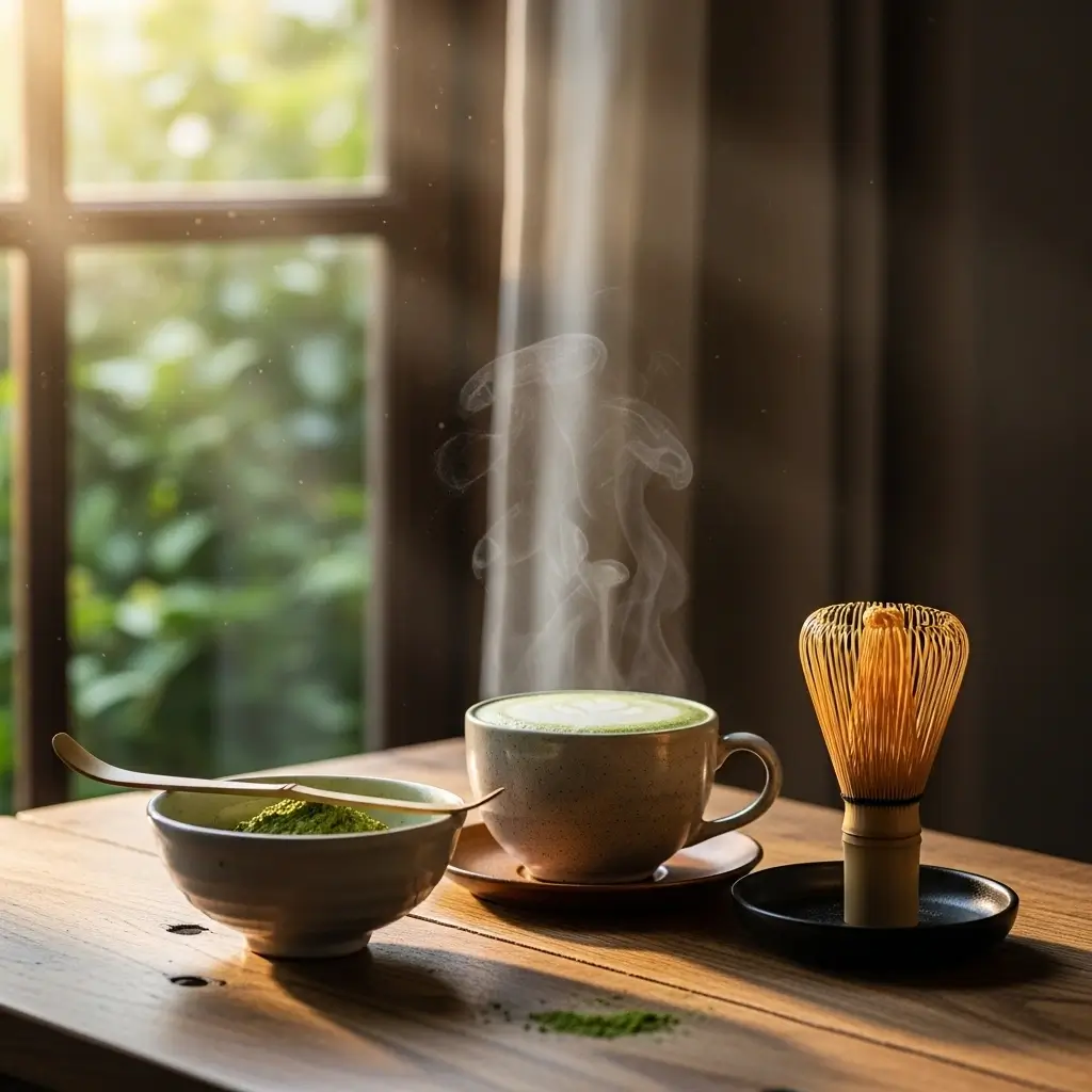Steaming cup of matcha latte on wooden table with bamboo whisk, matcha powder, and morning sunlight.