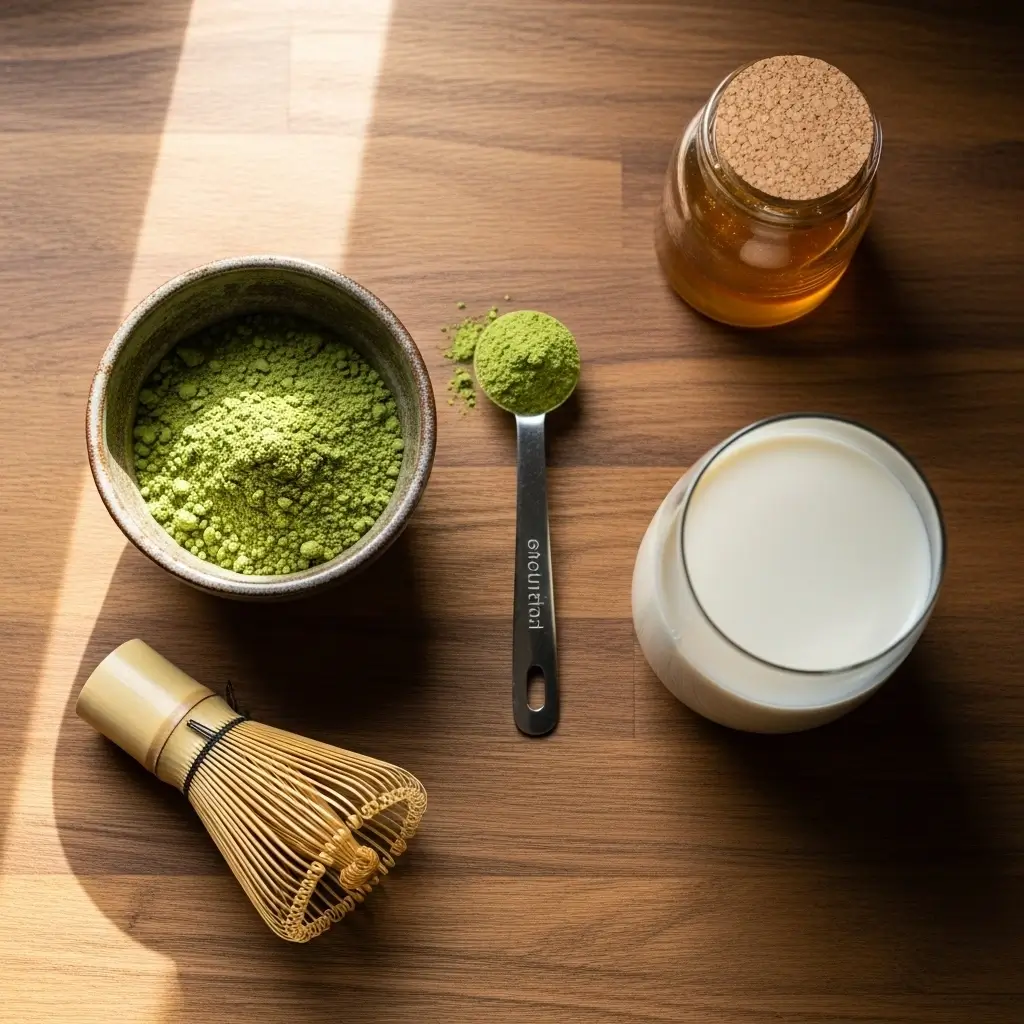 Flat lay of matcha powder, bamboo whisk, oat milk, honey jar, and measuring spoon for matcha latte.