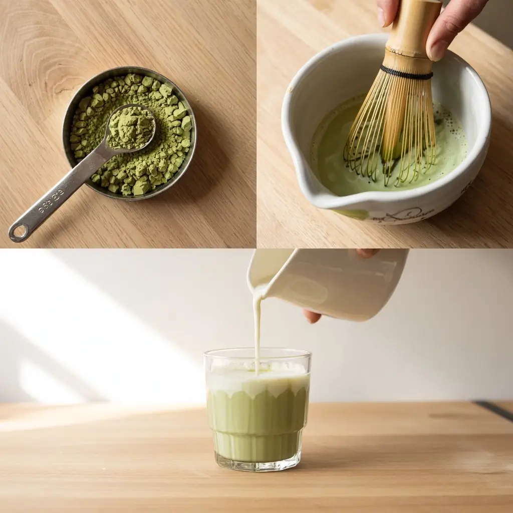 Three-step flat lay of scooping matcha powder, whisking matcha, and pouring oat milk for matcha latte.