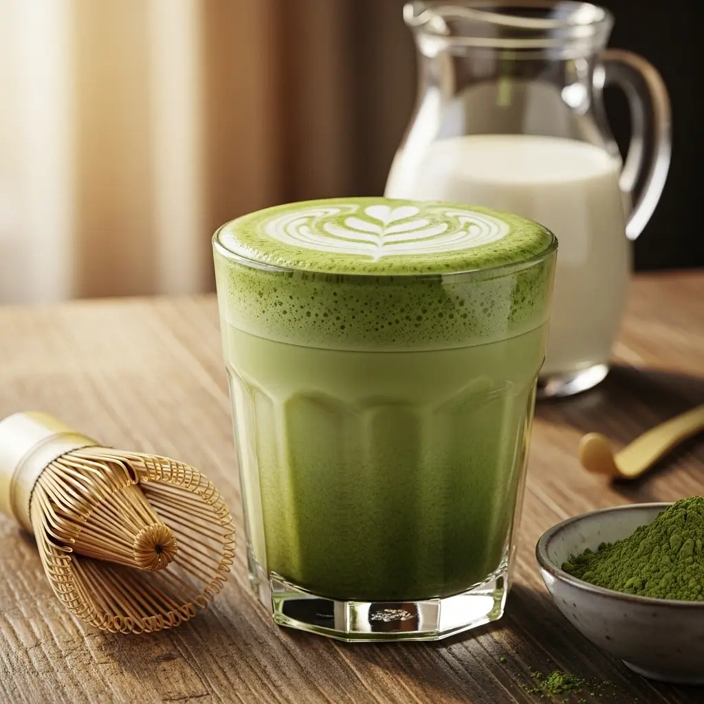 Perfect homemade matcha latte with foam, bamboo whisk, matcha powder, and oat milk jug.