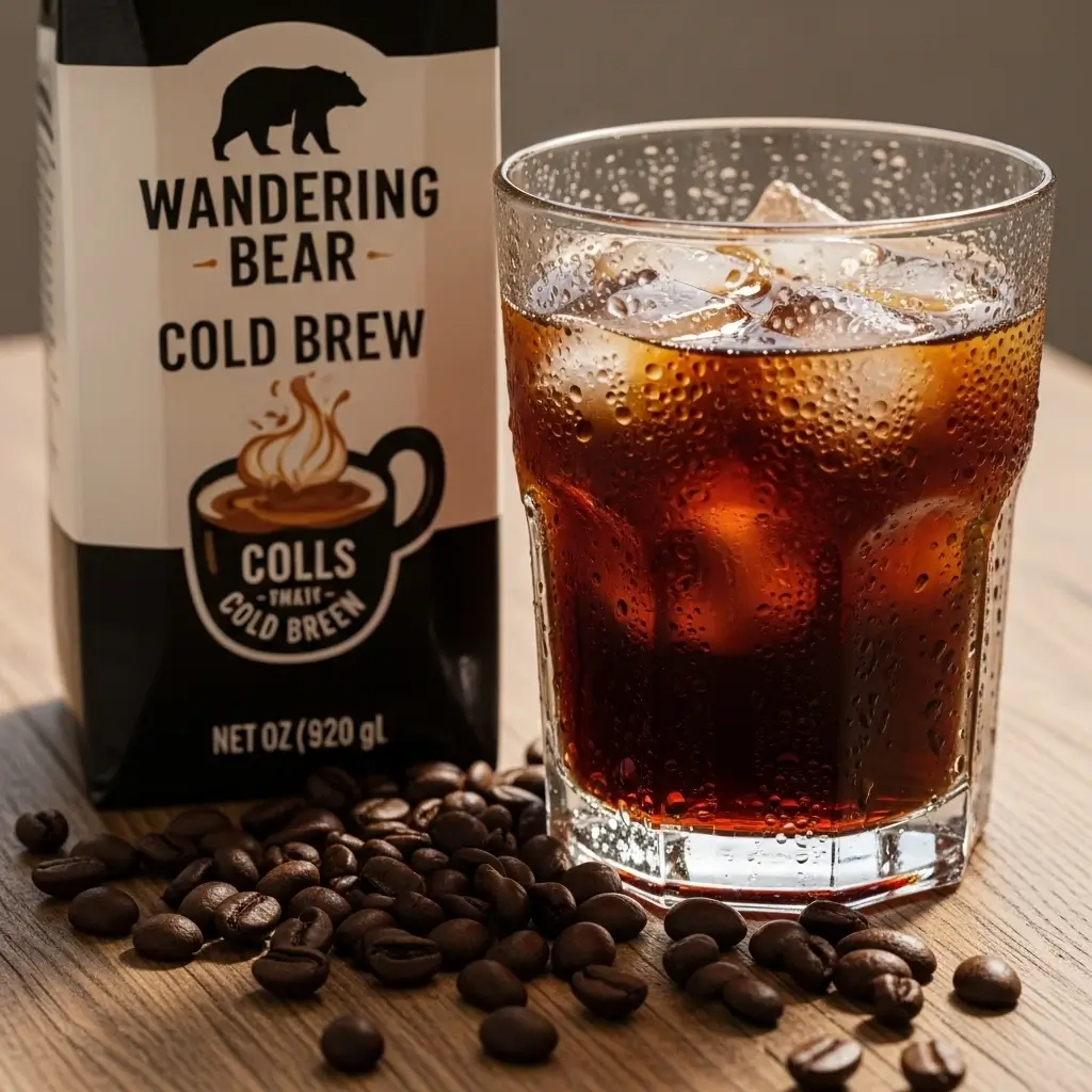 Wandering Bear Cold Brew carton next to iced coffee glass with coffee beans on wooden surface.