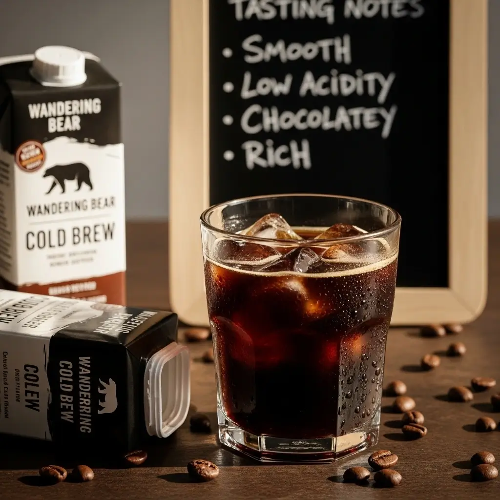 Glass of Wandering Bear Cold Brew with ice, carton, coffee beans, and chalkboard tasting notes.