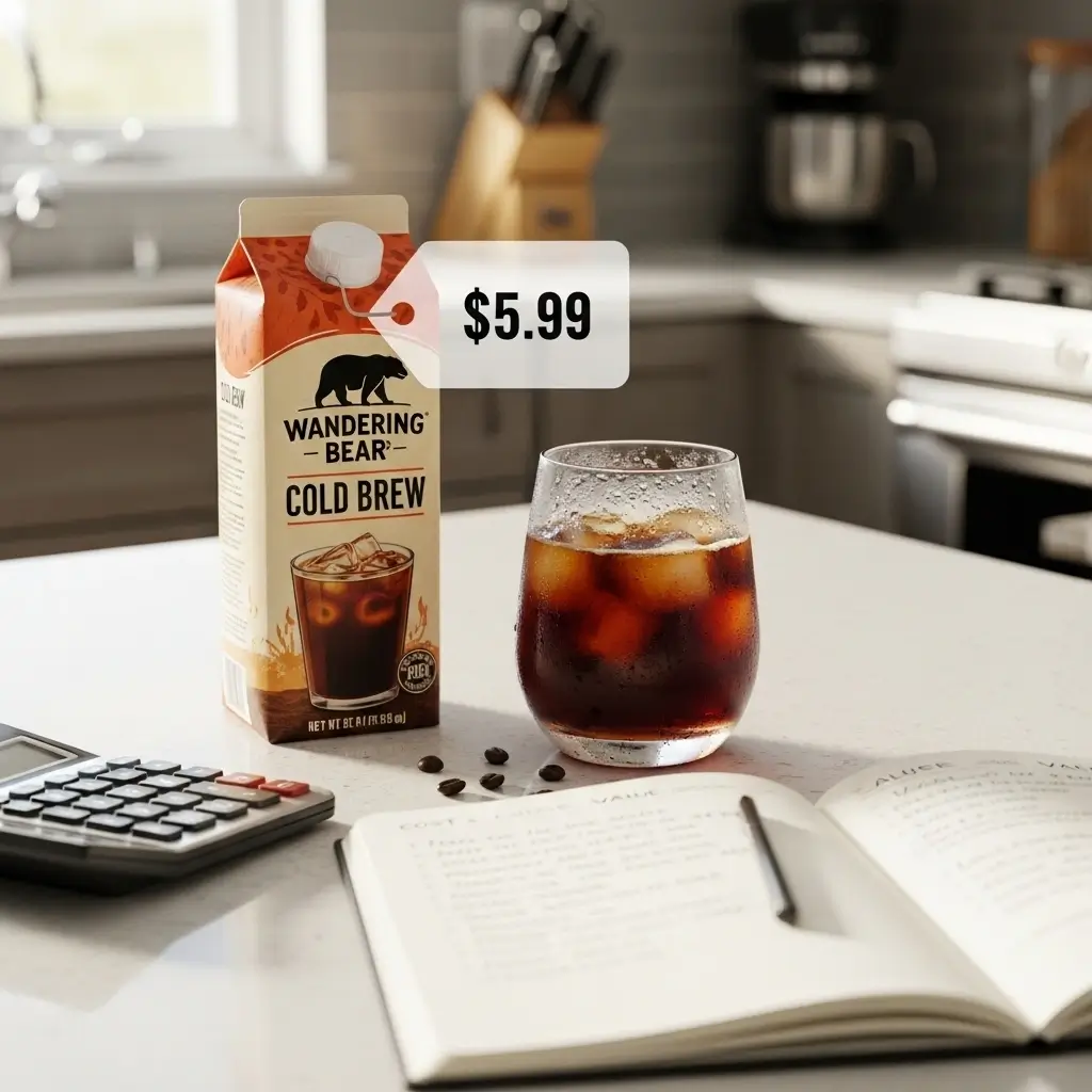Wandering Bear Cold Brew carton with price tag, iced coffee glass, calculator, and notebook on kitchen counter.
