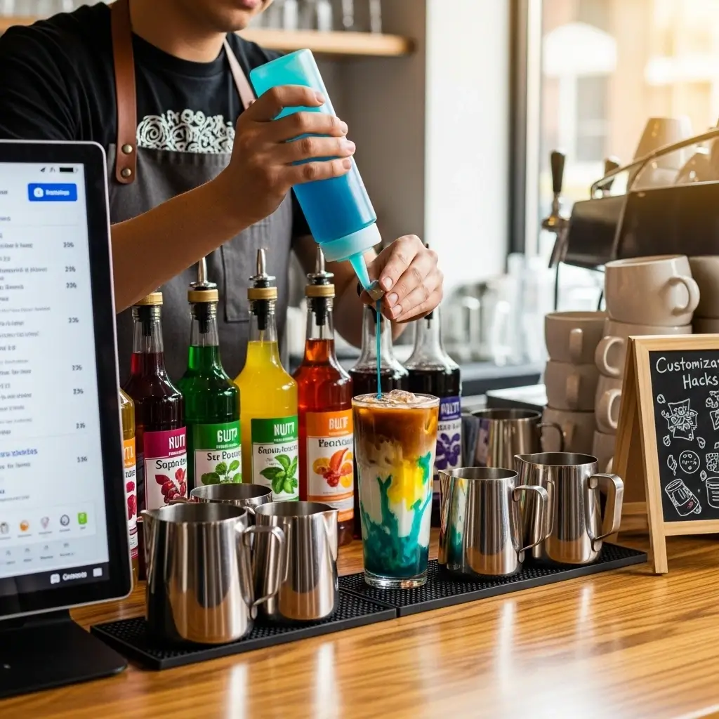 Dutch Bros barista customizing iced coffee with syrups and milk, digital order screen, and notes on counter.