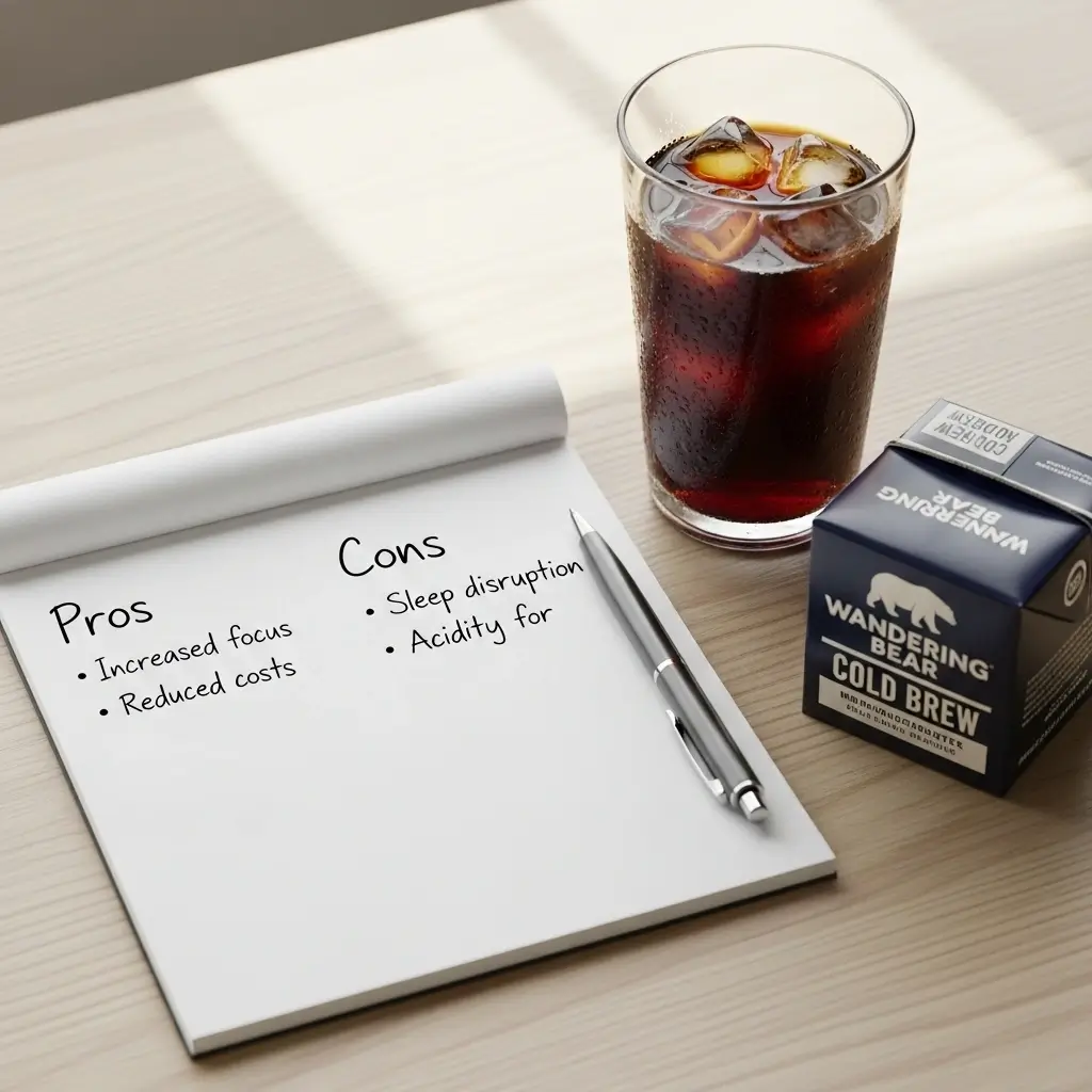 Notepad with pros and cons lists, pen, iced cold brew glass, and Wandering Bear Cold Brew carton on wooden table.