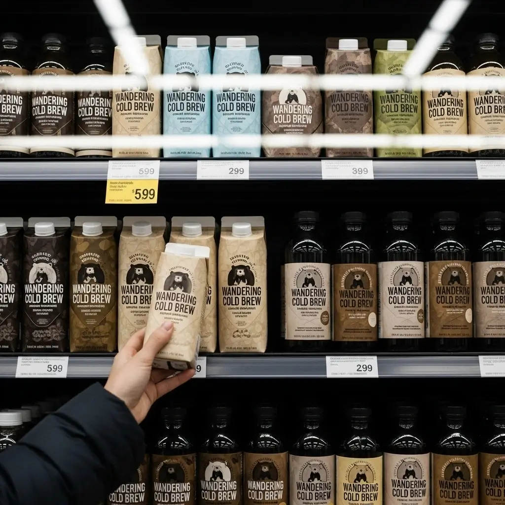 Grocery store shelf with Wandering Bear Cold Brew cartons and a shopper’s hand reaching for one.