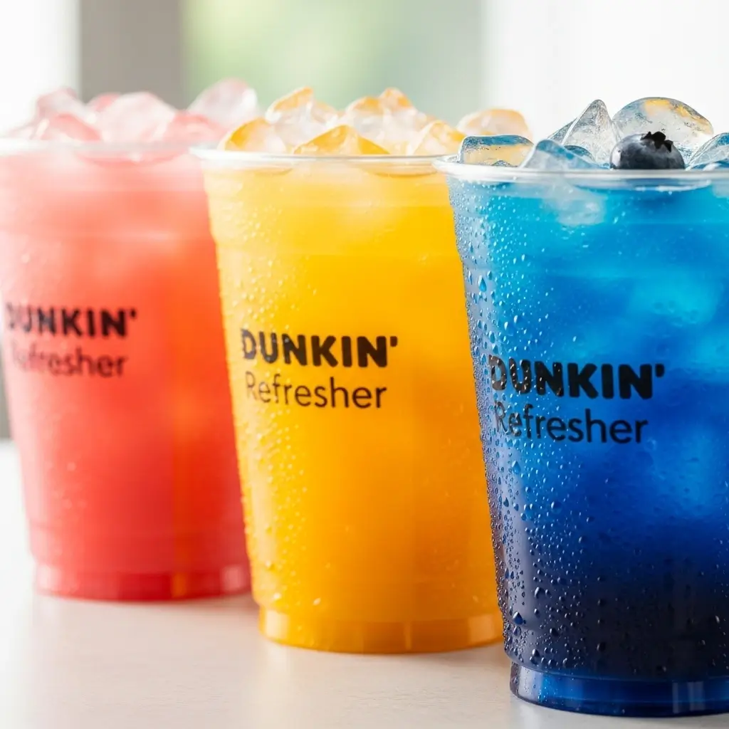 Three Dunkin Refresher base drinks in clear cups with ice and condensation showing pink guava, orange mango, and blueberry flavors