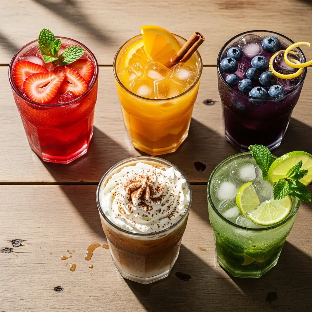 Five iced coffee drinks with fruit garnishes representing different flavors to match your mood
