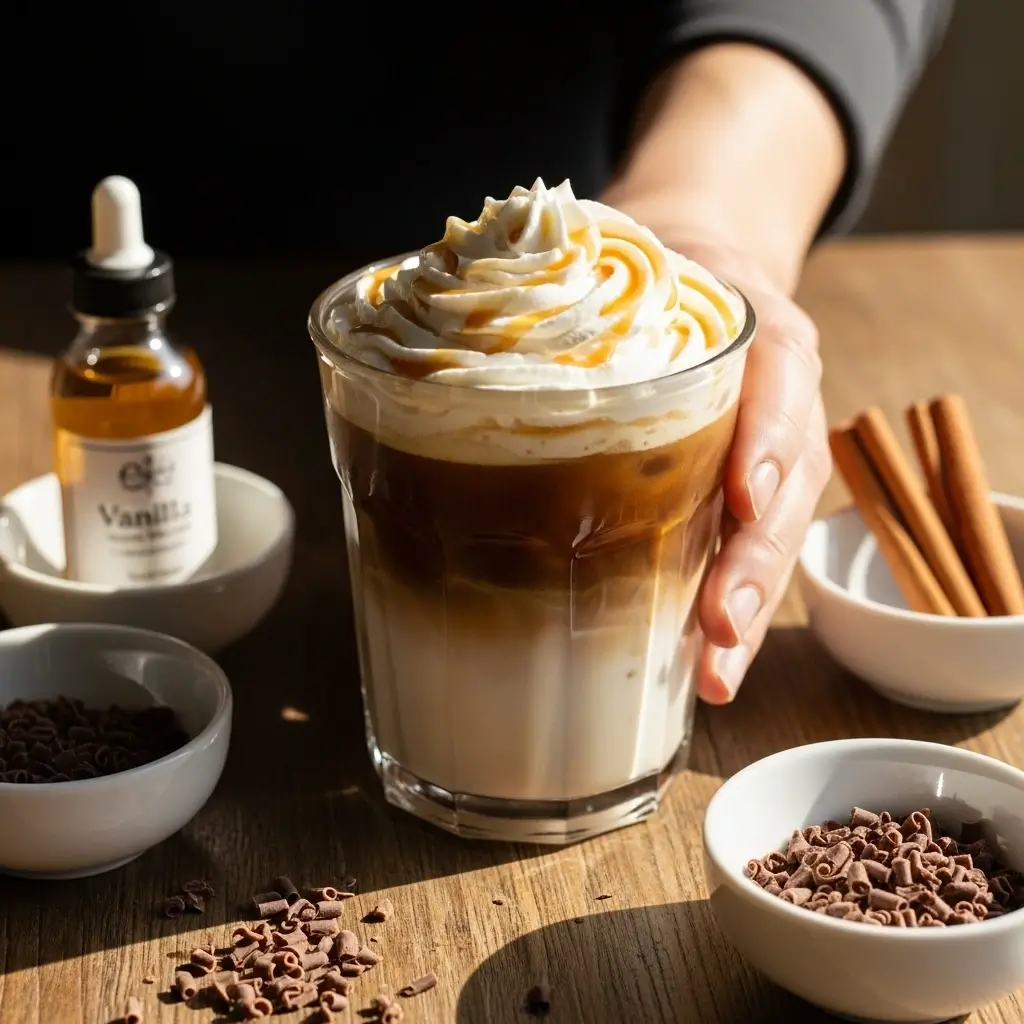 Hand holding a customized iced coffee with cream, caramel drizzle, and various flavoring ingredients nearby