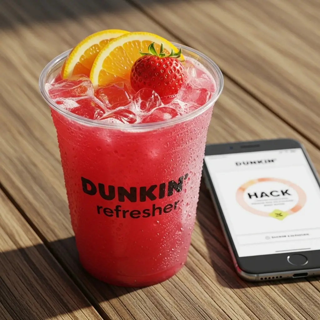 Dunkin Refresher iced drink with fresh fruit and a smartphone displaying Dunkin app hacks on a wooden table