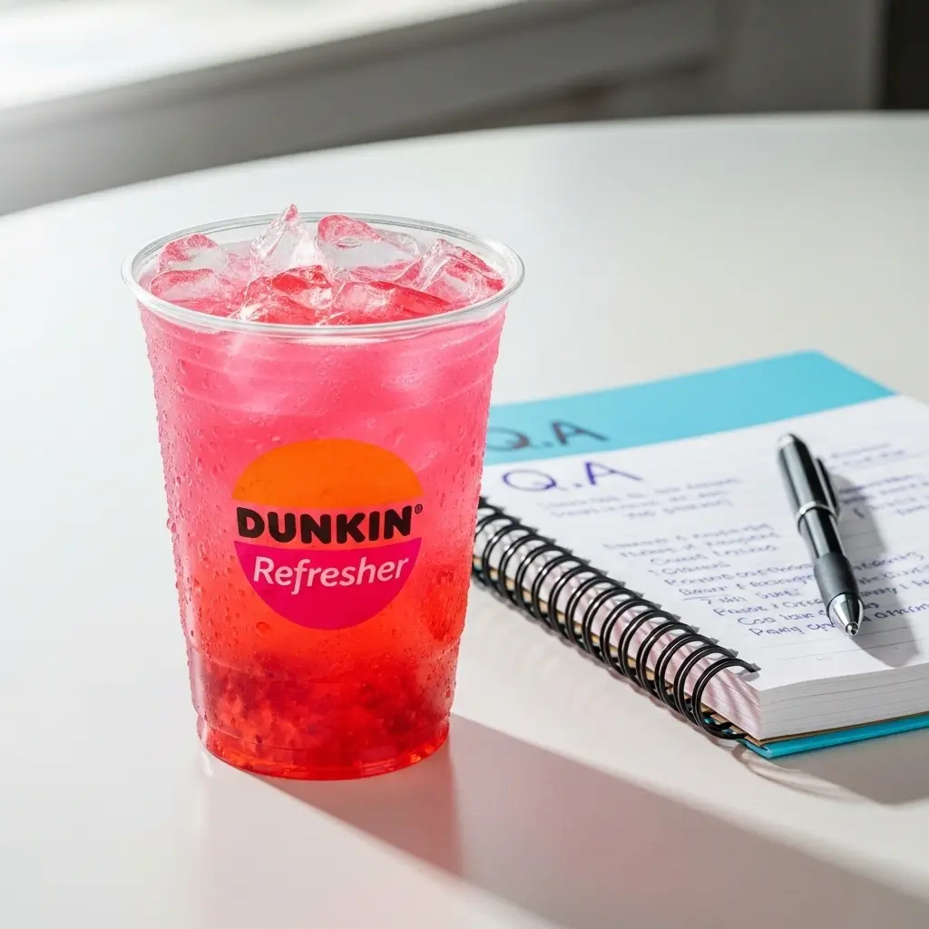 Dunkin Refresher iced drink on a white table with a notepad and pen, symbolizing questions answered