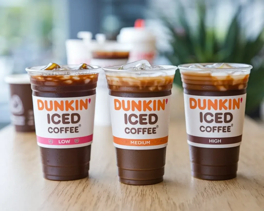 Three Dunkin iced coffee cups showing low, medium, and high caffeine content with ice and condensation.