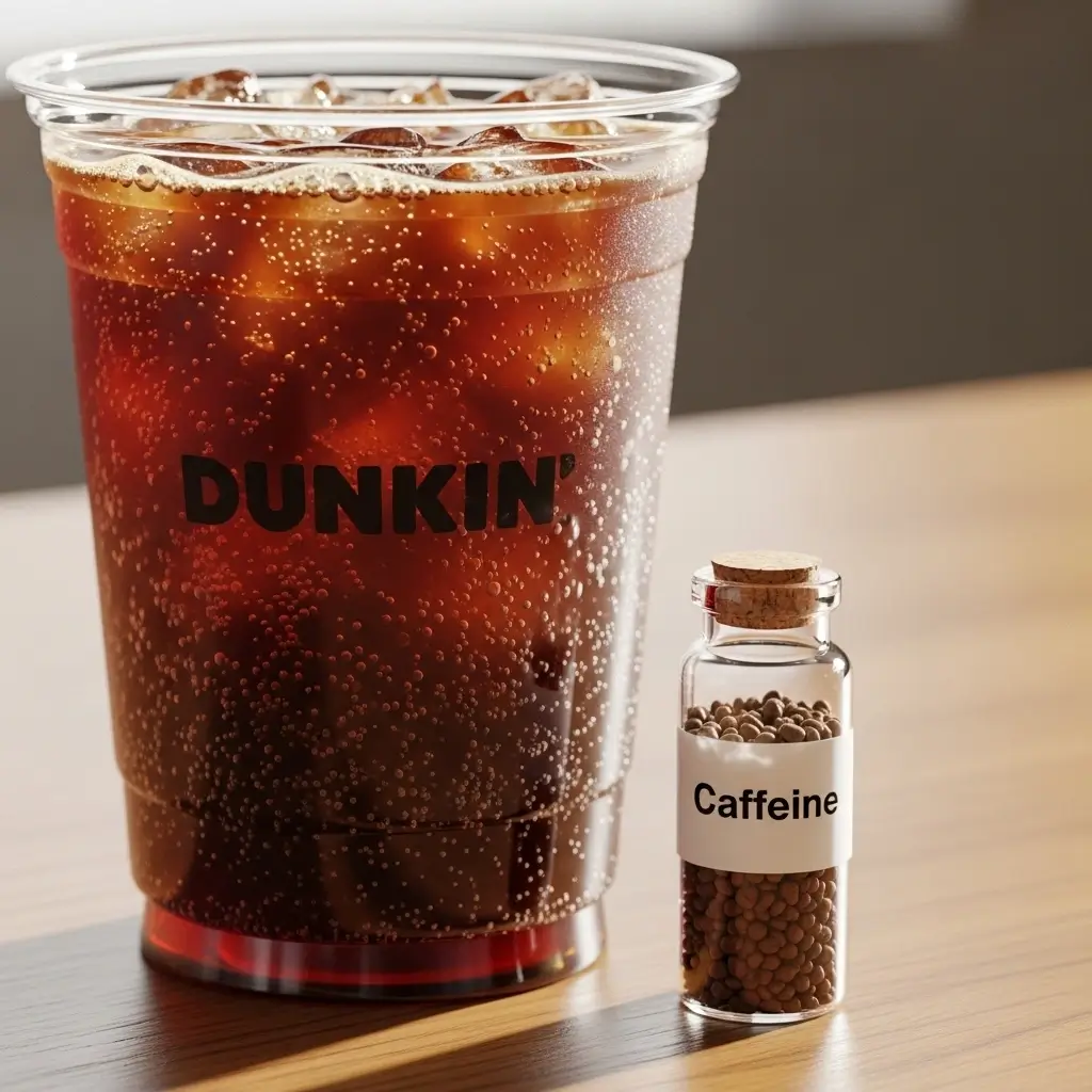 Dunkin iced coffee cup beside a small vial labeled ‘Caffeine’ on a wooden table