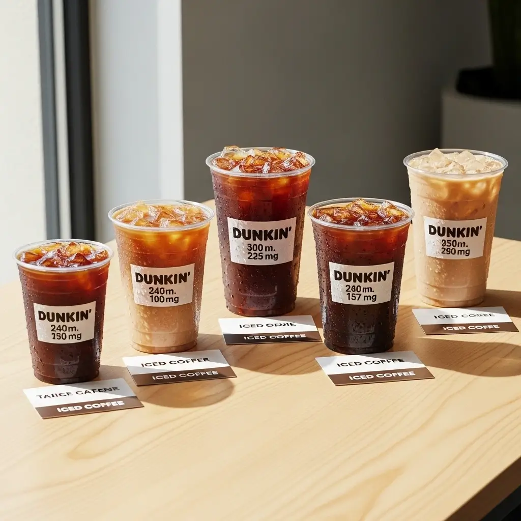 Five Dunkin iced coffee cups labeled with caffeine content on a wooden table with condensation.