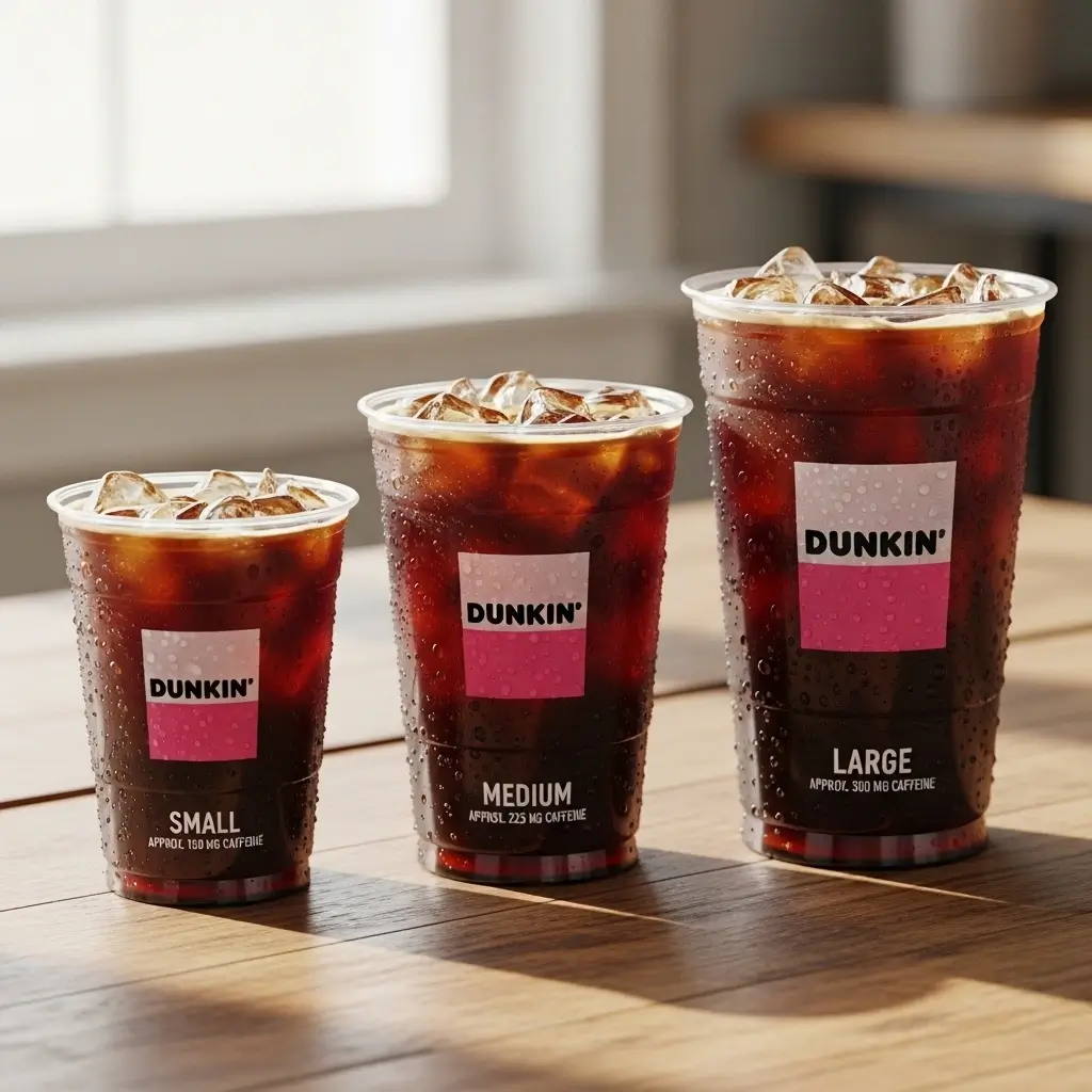 Three Dunkin iced coffee cups of small, medium, and large sizes showing how caffeine intake varies with size.