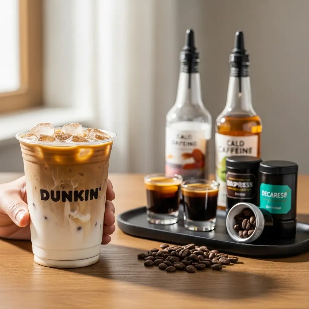 Dunkin iced coffee with customization options like espresso shots, decaf beans, and syrups on a wooden table