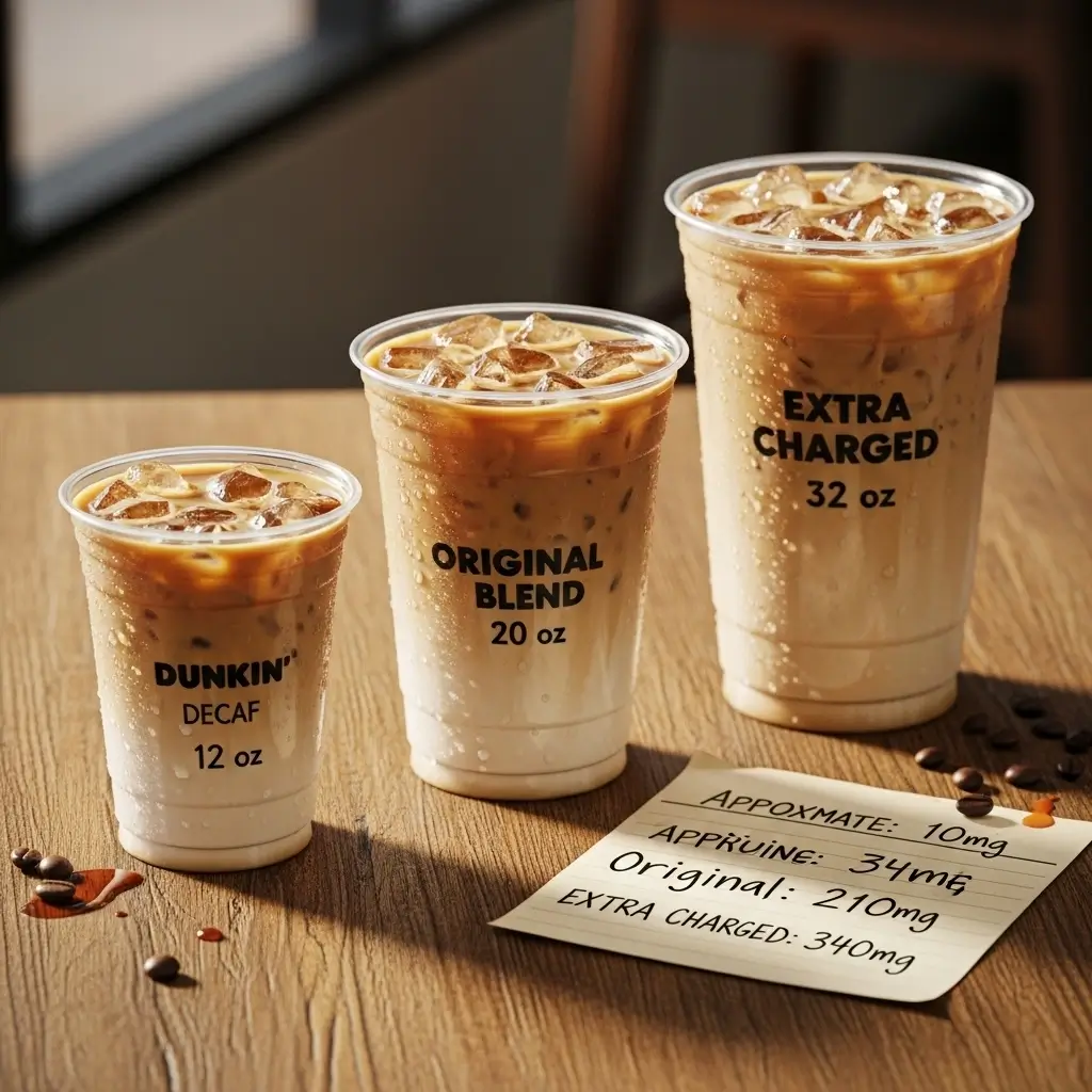 Three Dunkin iced coffee cups ordered by caffeine level with a caffeine content chart on a wooden table.