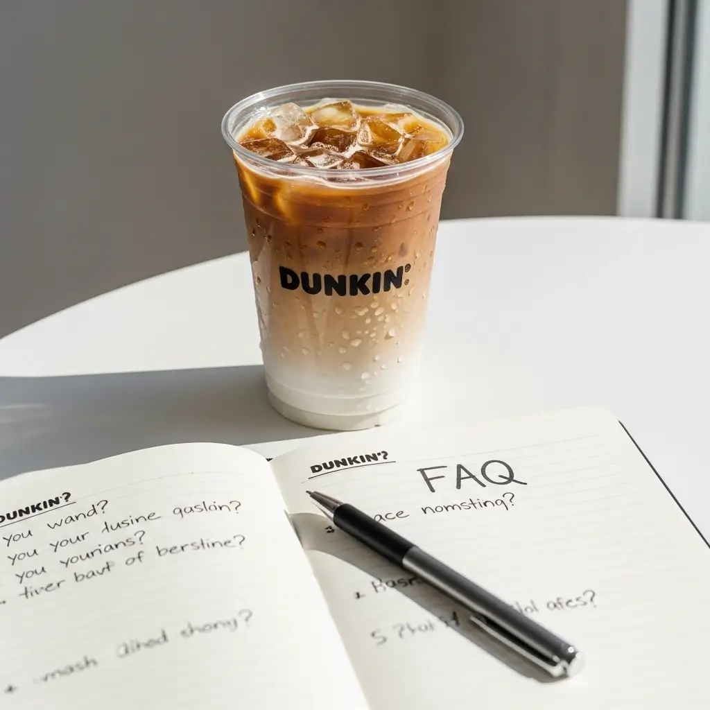 Dunkin iced coffee next to a notebook with caffeine questions and pen on a white table.