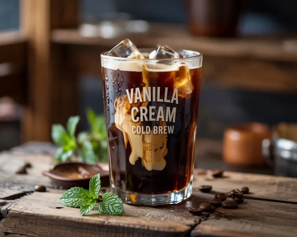 Vanilla cream cold brew in a tall glass with ice and creamy vanilla foam on top.