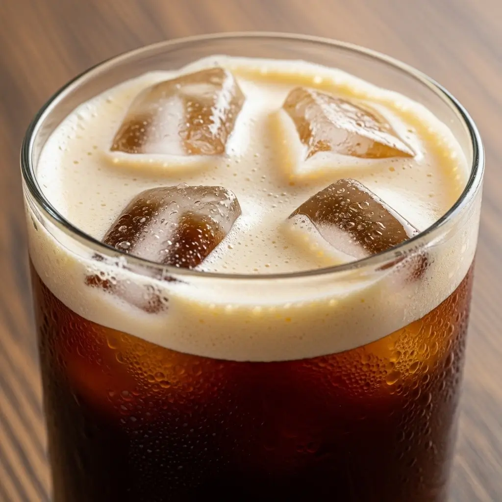 Glass of vanilla cream cold brew with layers of dark coffee and creamy vanilla foam topped with ice.
