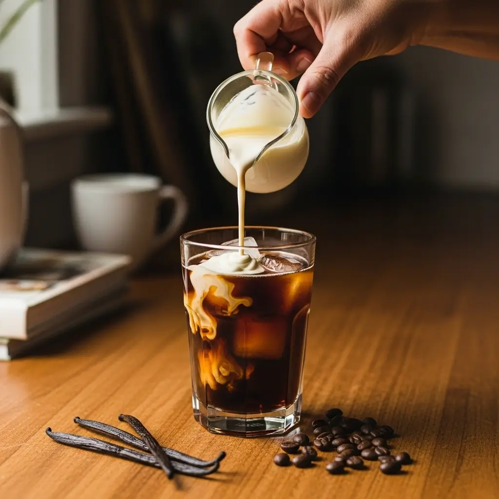 Pouring vanilla cream over iced cold brew coffee in a tall glass with vanilla beans and coffee beans on a wooden countertop.