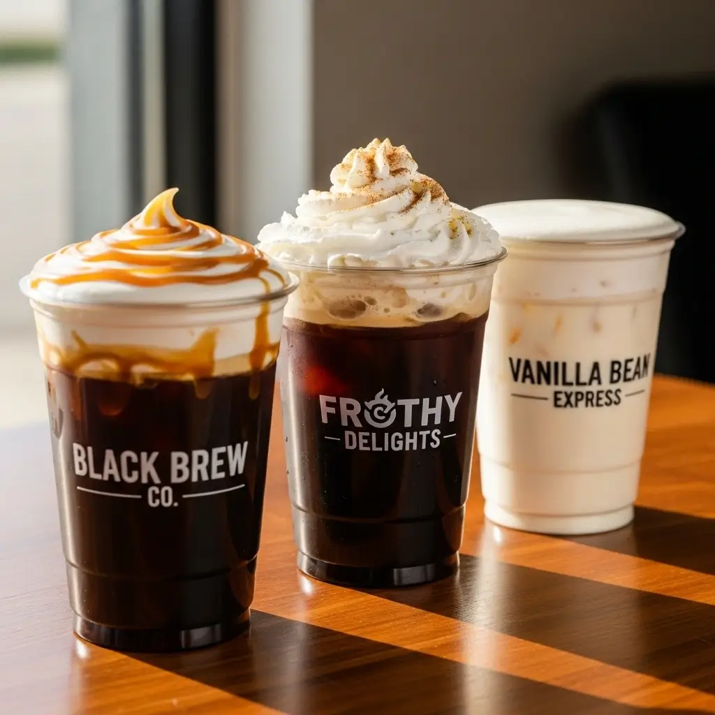 Three vanilla cream cold brew drinks from different brands with ice and creamy foam, styled with caramel drizzle and whipped cream.