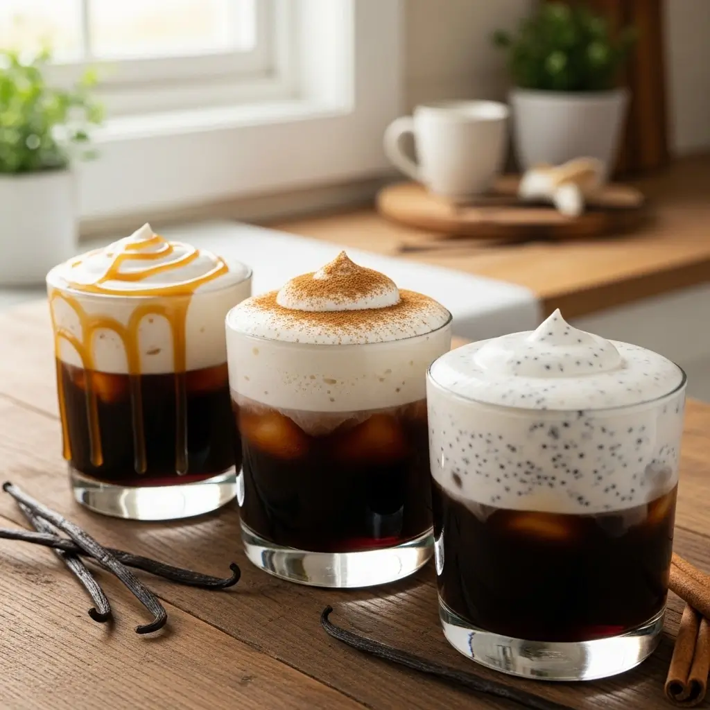 Vanilla cream cold brew beside an open notebook with handwritten questions and pen on a white table.