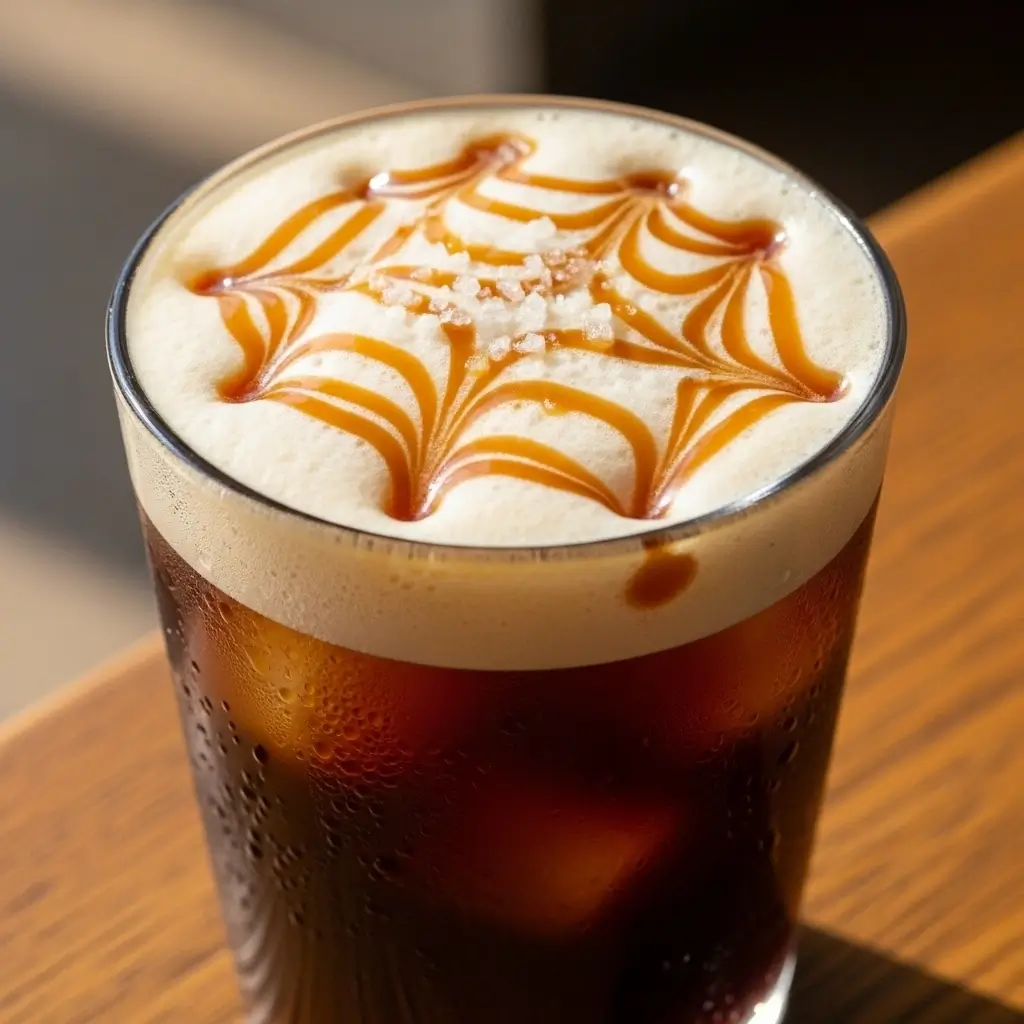 Starbucks salted caramel cold brew with caramel drizzle and sea salt on a wooden table.