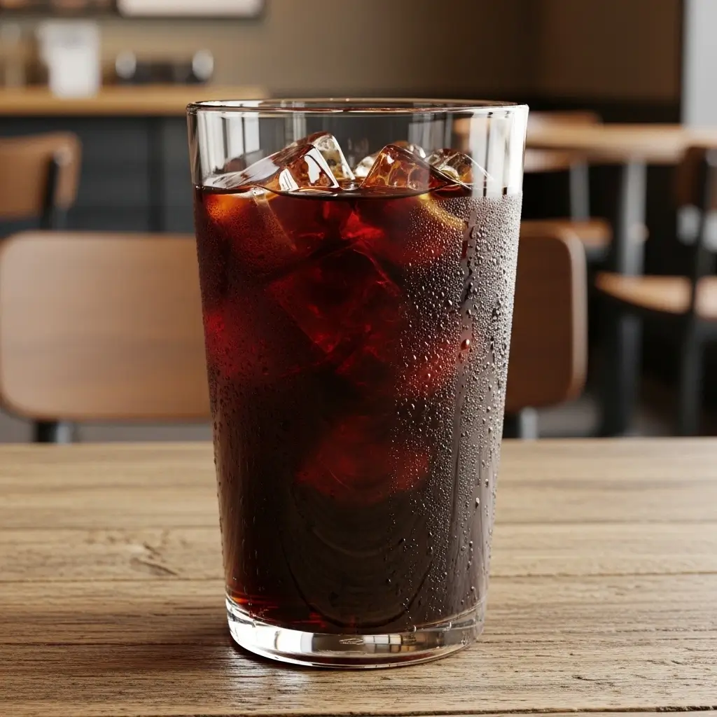 Starbucks cold brew coffee with ice on a wooden table in a coffee shop setting.