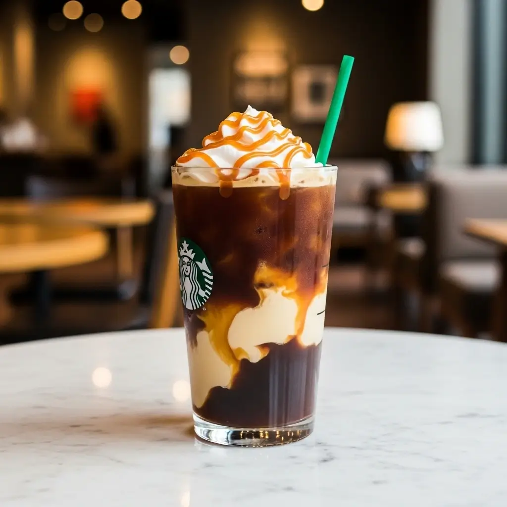 Customizable Starbucks salted caramel cold brew with cream swirl and caramel drizzle.