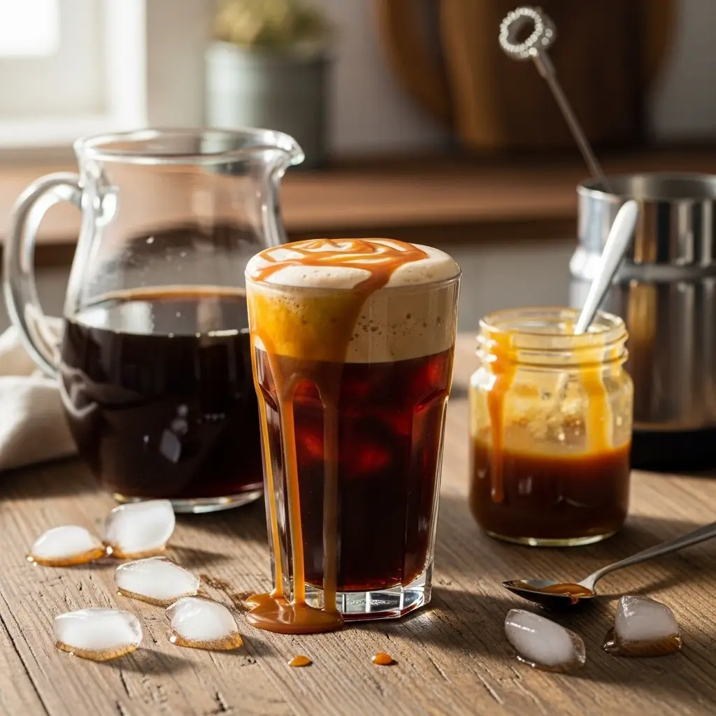 Homemade Starbucks-style salted caramel cold brew with caramel foam and drizzle.