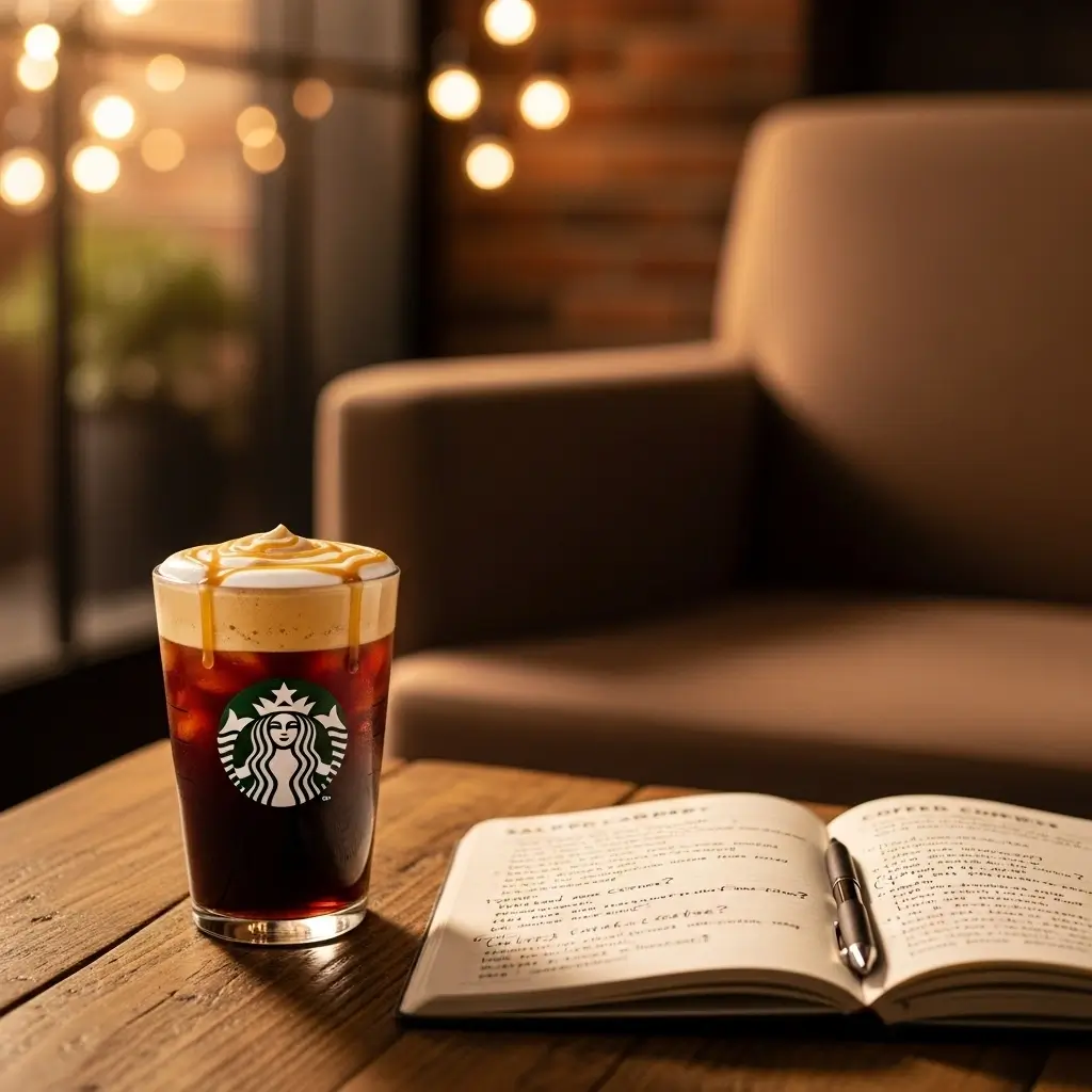 Starbucks salted caramel cold brew with caramel foam and drizzle next to a notebook of coffee questions.