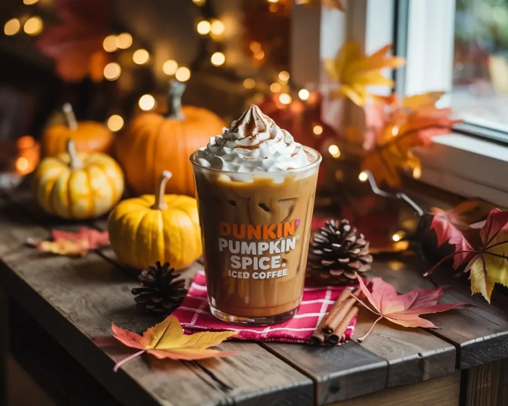 Dunkin pumpkin spice iced coffee with whipped cream and cinnamon, surrounded by fall leaves and pumpkins