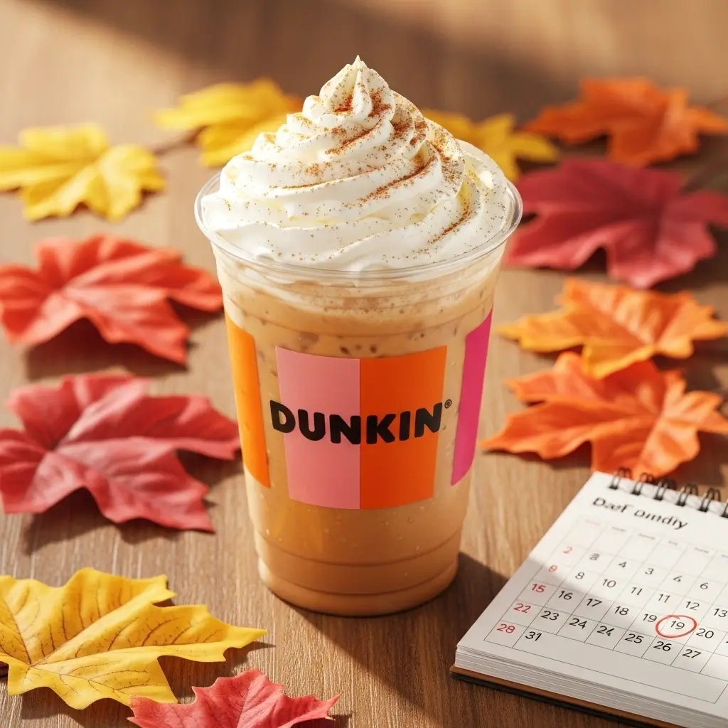 Dunkin pumpkin spice iced coffee with whipped cream next to a calendar showing launch dates and fall leaves.