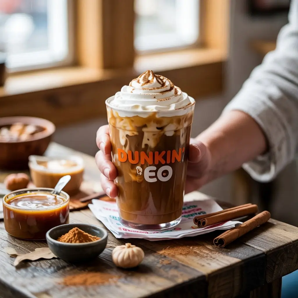 Hand holding Dunkin pumpkin spice iced coffee with whipped cream and customization toppings on a wooden table