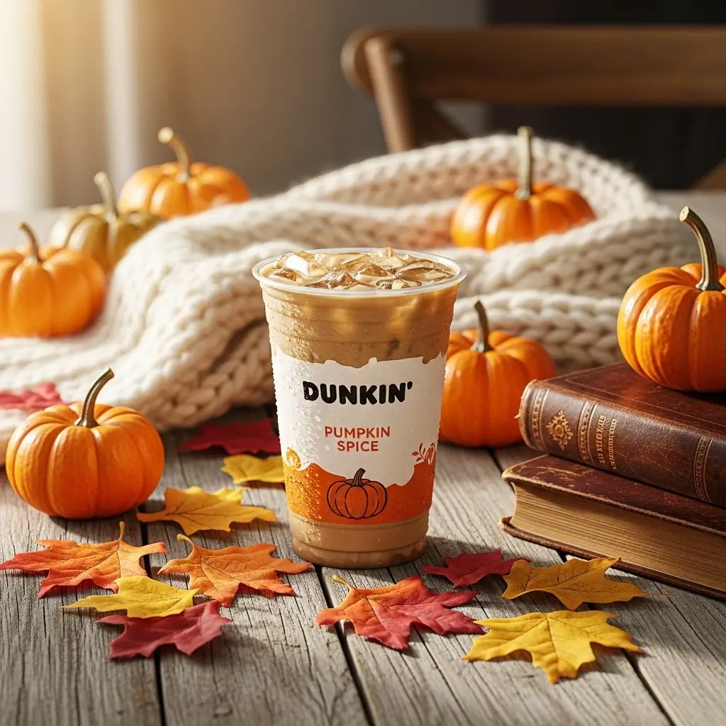 Dunkin pumpkin spice iced coffee with fall decorations and cozy items on a wooden table