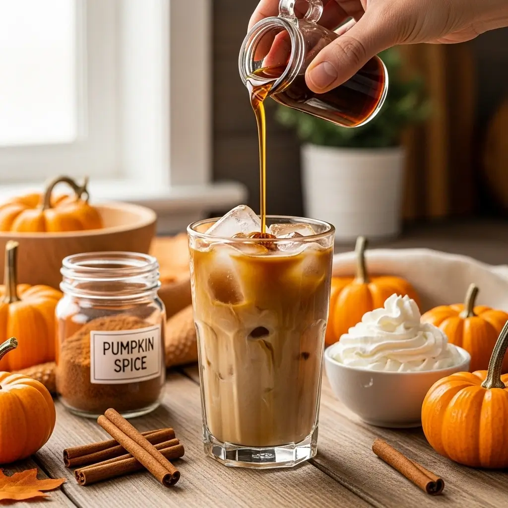 Hand pouring pumpkin spice syrup into iced coffee with whipped cream and pumpkin spice ingredients on a wooden countertop.
