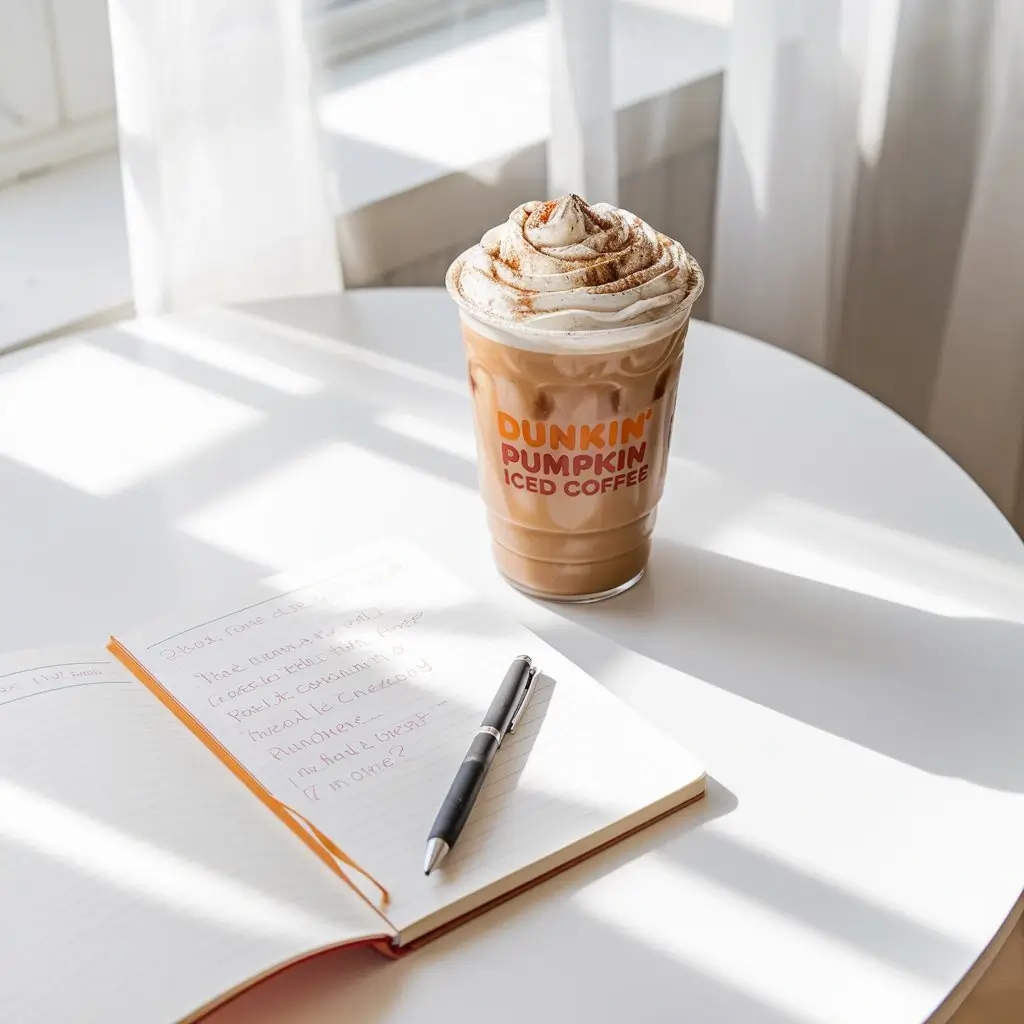 Dunkin pumpkin spice iced coffee with whipped cream beside an open notebook with questions and pen on a white table.