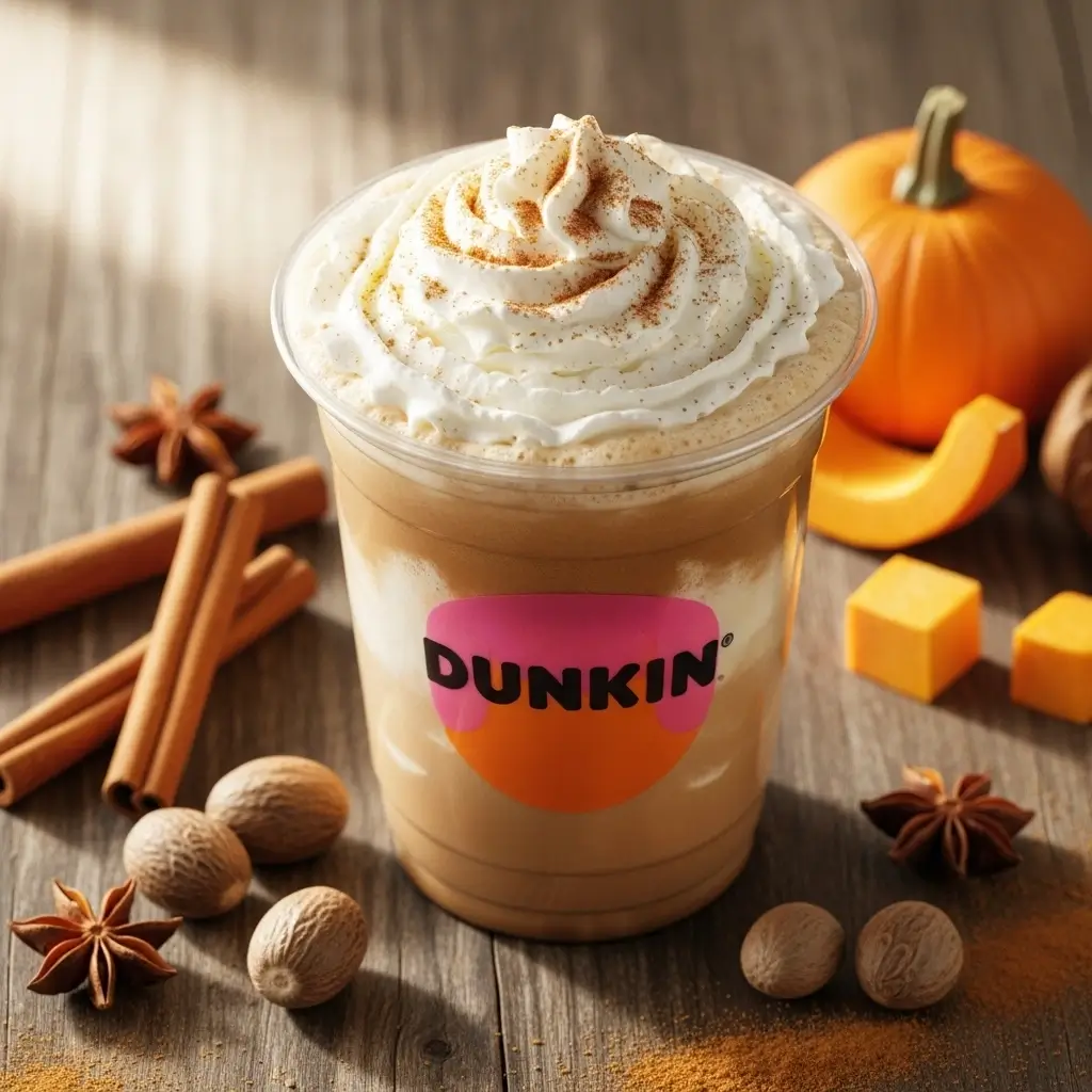 Dunkin pumpkin spice latte with whipped cream and cinnamon surrounded by pumpkin spice ingredients on a wooden table.