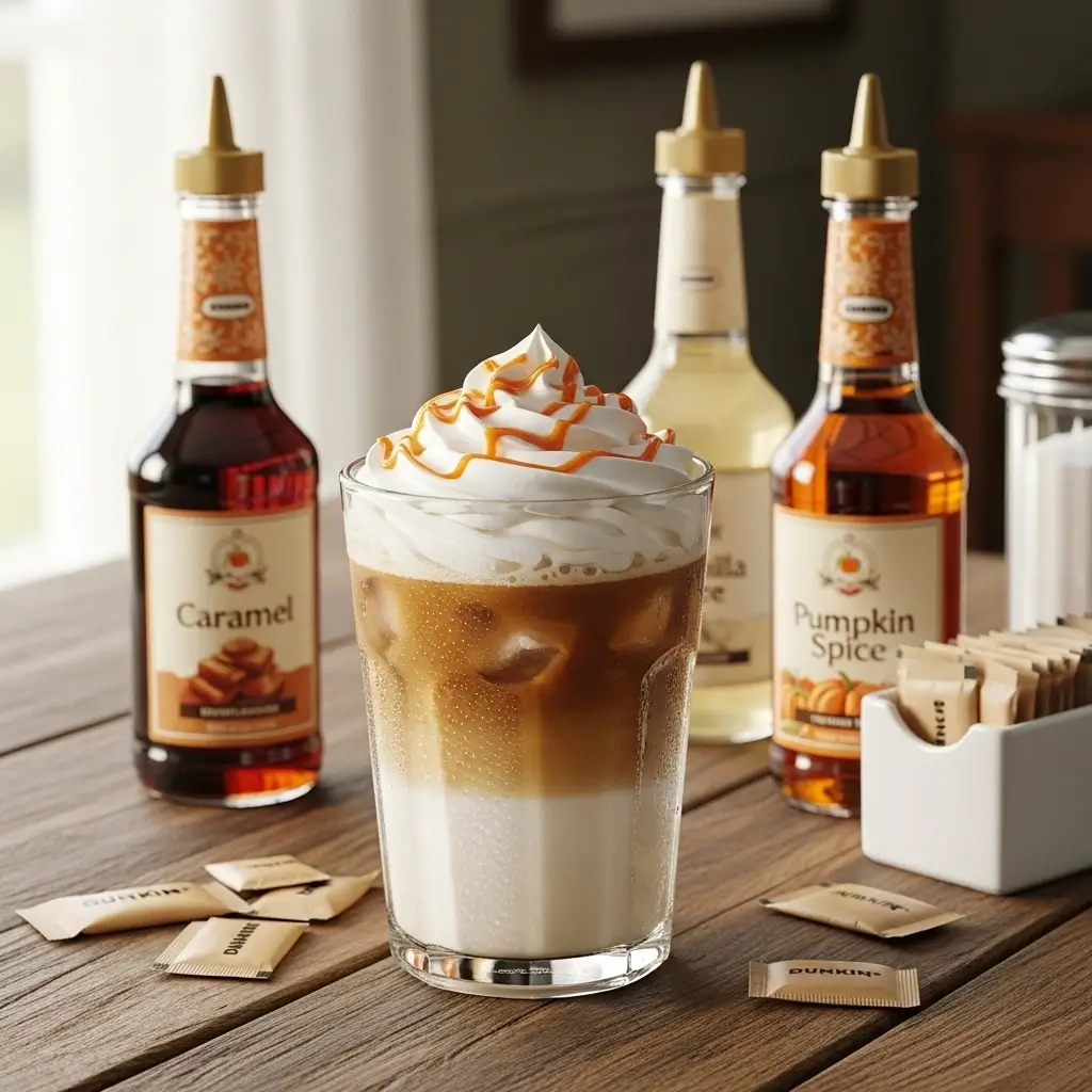 Dunkin pumpkin spice latte with whipped cream surrounded by syrup bottles and sugar options on a wooden table.