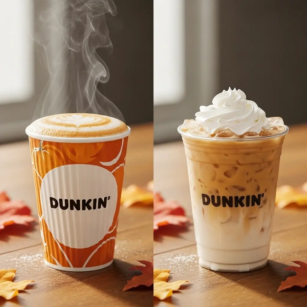 Dunkin hot pumpkin spice latte with steam and iced pumpkin spice latte with whipped cream side by side on a wooden table.